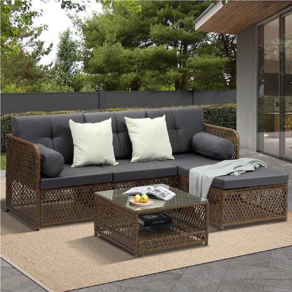 Livsip Outdoor Lounge Setting 5-7pcs Wicker Sofa Set Rattan Patio Furniture 5PCS Brown
