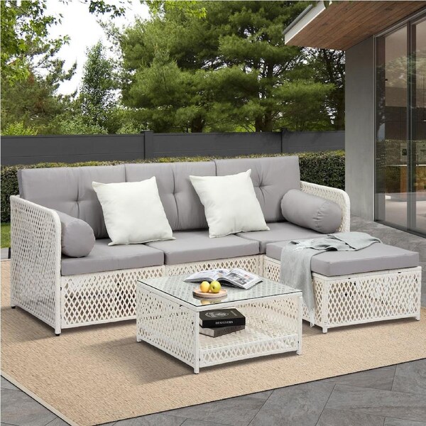 Livsip Outdoor Lounge Setting 5-7pcs Wicker Sofa Set Rattan Patio Furniture 5PCS White