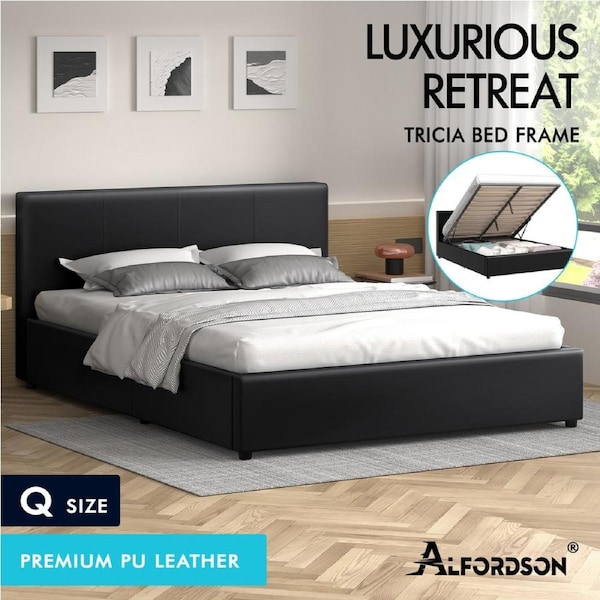 ALFORDSON Bed Frame Queen Double King Single Gas Lift Storage Base Black Leather Queen