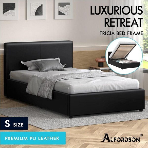 ALFORDSON Bed Frame Queen Double King Single Gas Lift Storage Base Black Leather Single