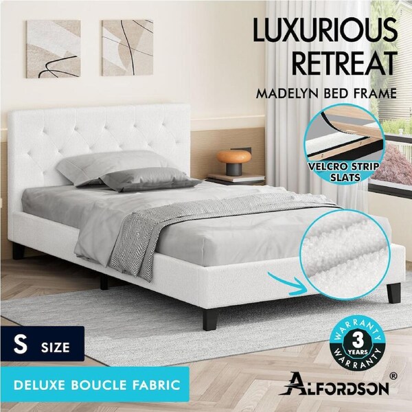 ALFORDSON Bed Frame Queen Double King Single Wooden Base Platform White Boucle Single