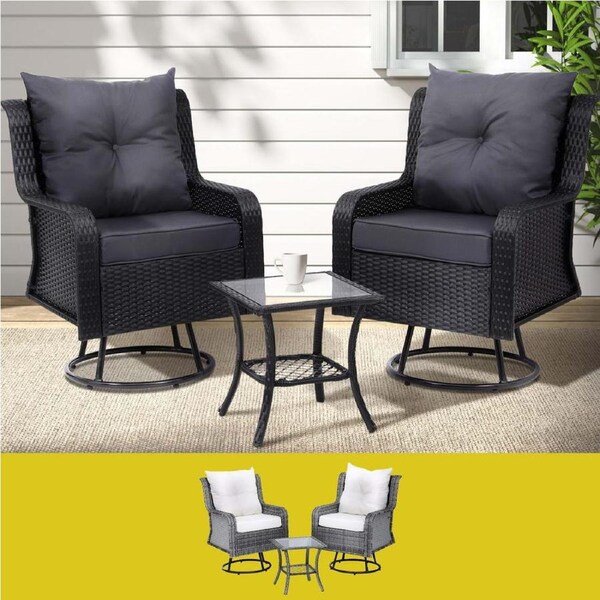 Gardeon 3PC Outdoor Furniture Bistro Set Lounge Wicker Swivel Chairs Table Cushion Black