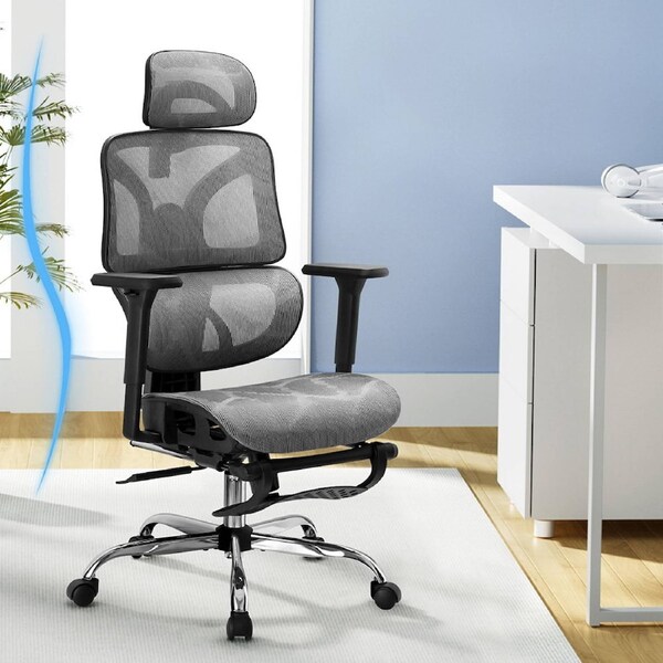 Artiss Mesh Office Chair Ergonomic Computer Chairs High Back Footrest Home Study Model 2 - Grey