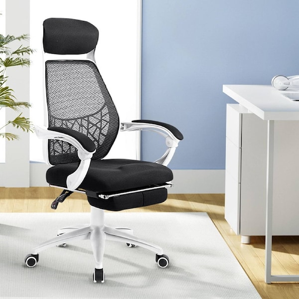 Artiss Mesh Office Chair Ergonomic Computer Chairs High Back Footrest Home Study Model 4 - White & Black