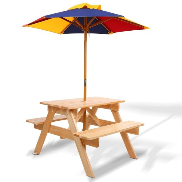 Keezi Kids Outdoor Table and Chairs Picnic Bench Umbrella Set Water Sand Pit Box Natural table w/ wooden umbrella