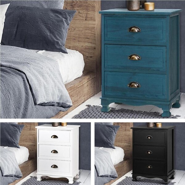 Artiss Bedside Table 3 Drawers Vintage Black Blue White Blue