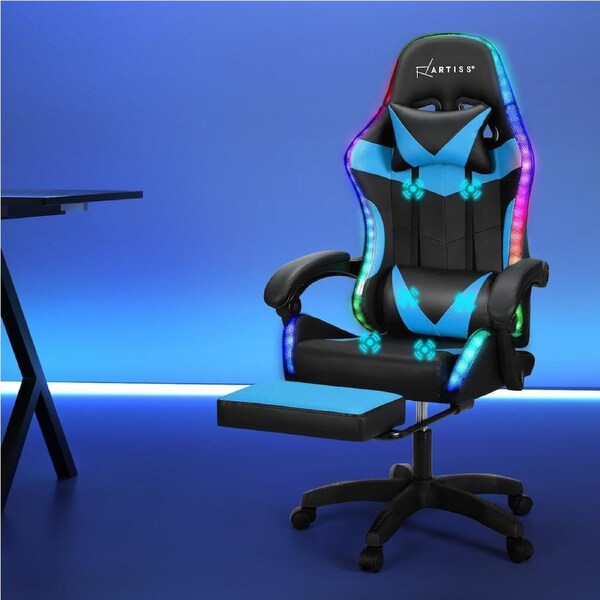 Artiss Massage Gaming Chair Office Chairs Executive High Back Led Light Footrest Cyan & Black