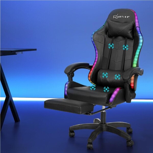 Artiss Massage Gaming Chair Office Chairs Executive High Back Led Light Footrest Black