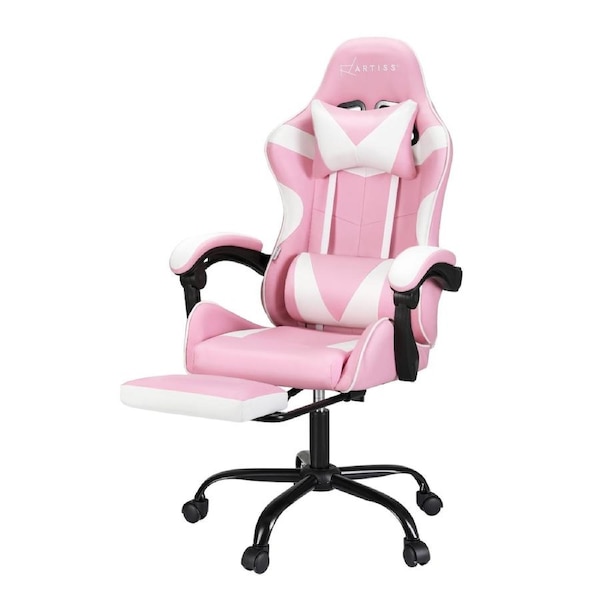 Artiss 2 Point Massage Gaming Office Chair Footrest Black Model 1 - Pink & White