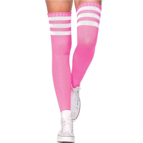 Athletic Pink with White Stripes Thigh High Socks One Size