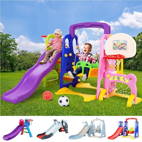 Keezi Kids Slide Swing Set Outdoor Toys Playground Activity Basketball Hoop Model 1- Blue and purple