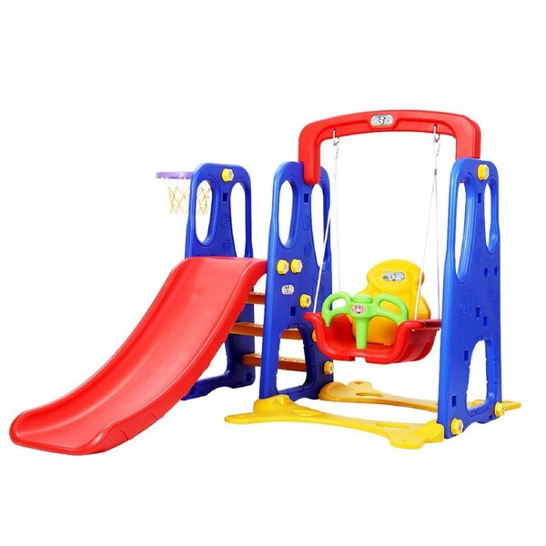Keezi Kids Slide Swing Set Outdoor Toys Playground Activity Basketball Hoop Model 4- Blue and red