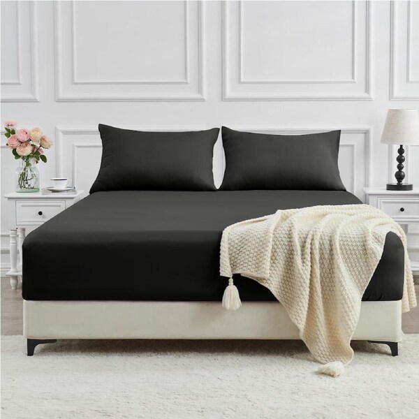 LINENOVA 2000TC Cooling Bamboo Fitted Sheet Pillowcases Set Ultra Soft For All Year Comfort - Black Single