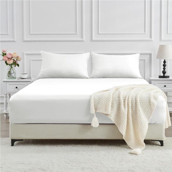 LINENOVA 2000TC Bamboo Blend Fitted Sheet Pillowcases Set Cooling Soft For All Year Comfort - White King Single