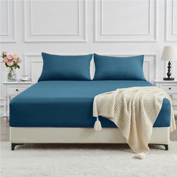 LINENOVA 2000TC Cooling Bamboo Fitted Sheet Pillowcases Combo Set - Biscay blue King