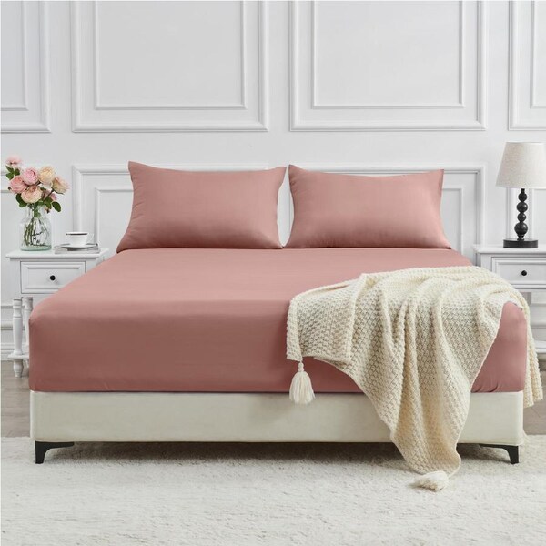LINENOVA 2000TC Bamboo Blend Fitted Sheet Pillowcases Set Cooling Soft For All Year Comfort - Dusty pink King