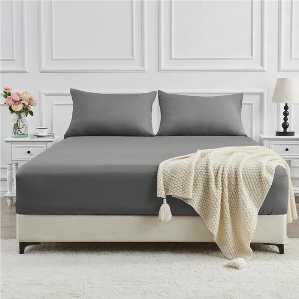 LINENOVA 2000TC Cooling Bamboo Fitted Sheet Pillowcases Set For All Year Comfort - Dark grey King