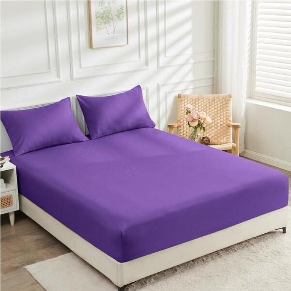 LINENOVA 2000TC Bamboo Blend Fitted Sheet Pillowcases Set Antimicrobial Breathable For All Year Comfort King Single / Purple