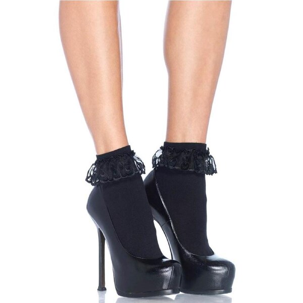 80s Black with Lace Ruffle Anklet Socks One Size