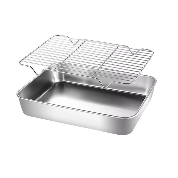 Non Stick Deep Stainless Steel Baking Pan with Rack Roasting Tray Sheet Dish 40 x 30 x 5cm Deep Pan with Rack