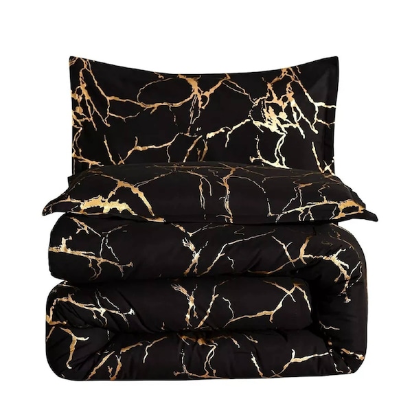 Black Golden Marble Floral Duvet Quilt Doona Cover Set Queen King Bed Pillowcase Queen