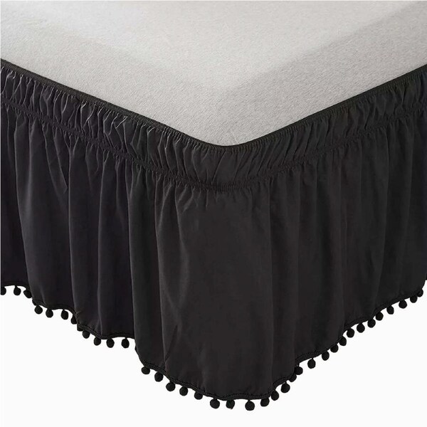 Pompom Fringe Bed Skirt Ruffle Valance Elastic Bed Wrap Around Black Single