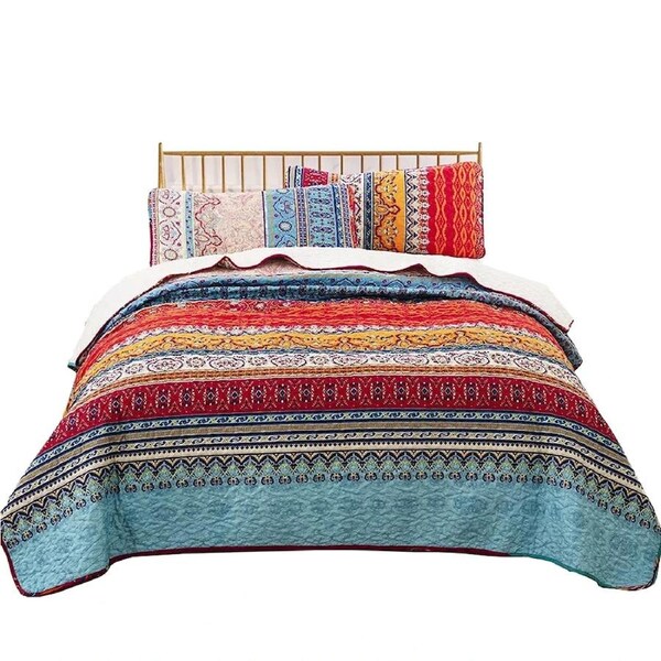 Soft Bohemian Stripes Bedspread Set Quilt Coverlet Queen King Size Bedding King
