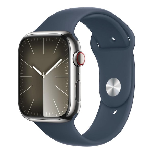 Apple Watch Series 9 GPS + Cellular 45mm Silver Stainless Steel Case w/ Storm Blue Sport Band - M/L Blue