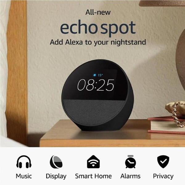 Amazon Echo Spot Smart Alarm Clock with Alexa - Black Black