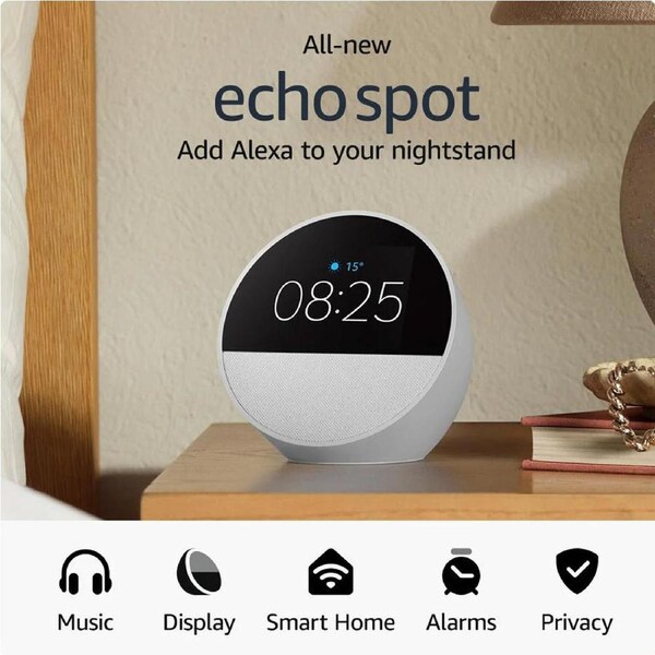 Amazon Echo Spot Smart Alarm Clock with Alexa - Glacier White White