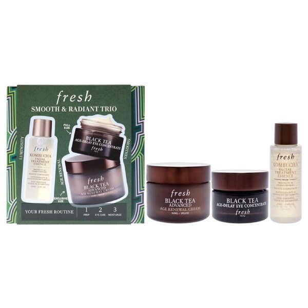 Smooth And Radiant Trio by Fresh for Women - 3 Pc 0.6oz Facial Treatment Essence - Kombucha, 0.5oz Age Delay Eye Concentrate - Black Tea, 1oz Advanced Age Renewal Cream - Black Tea 3 Pc