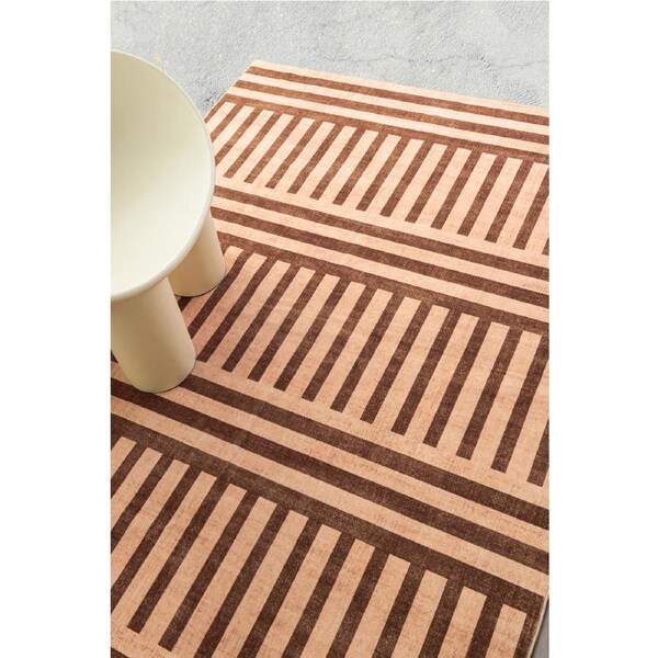 Loopsie Sapani Stripe Printed Pink and Brown Washable Rug 220cm x 150cm