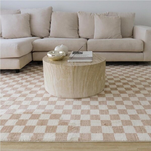 Loopsie Jazine Cream and Brown Chequered Washable Round Rug 120cm x 120cm