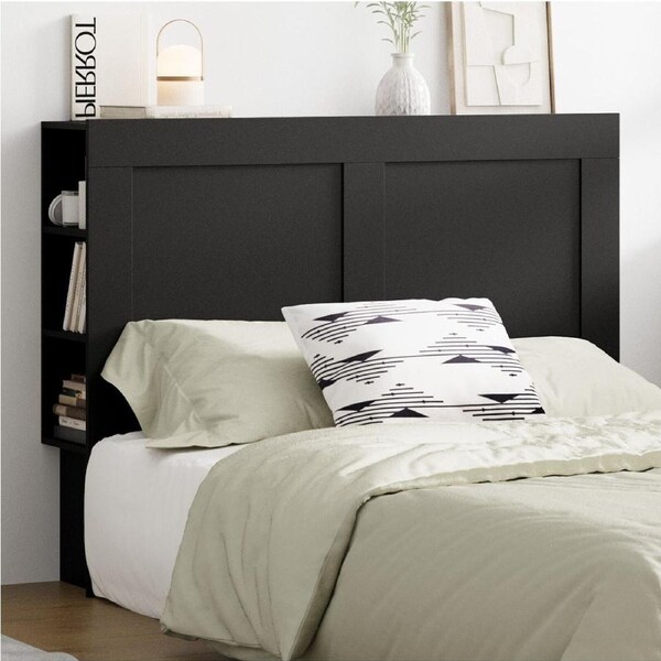 Oikiture Headboard Bed Head Queen Double King Bedhead with Shelves Black Double