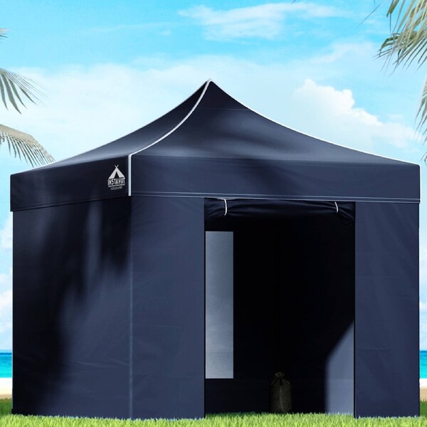 Instahut Gazebo 3x3 Pop Up Marquee Folding Tent Wedding Gazebos Camping Outdoor Shade Canopy Black Navy w/ Cover