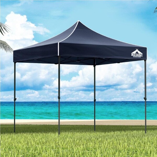 Instahut Gazebo 3x3 Pop Up Marquee Folding Tent Wedding Gazebos Camping Outdoor Shade Canopy Black Navy w/ Base