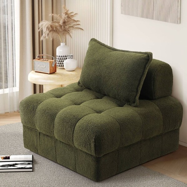 Oikiture 1-6 Seater Boucle/Velvet Modular Sofa & Ottoman Set Armless TOFU Back 1 Sofa Chair/Green