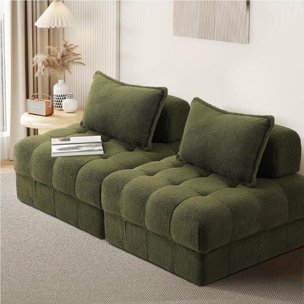 Oikiture 1-6 Seater Boucle/Velvet Modular Sofa & Ottoman Set Armless TOFU Back 2 Sofa Chairs/Green