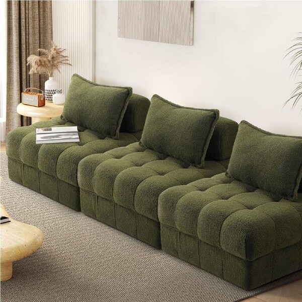 Oikiture 1-6 Seater Boucle/Velvet Modular Sofa & Ottoman Set Armless TOFU Back 3 Sofa Chairs/Green