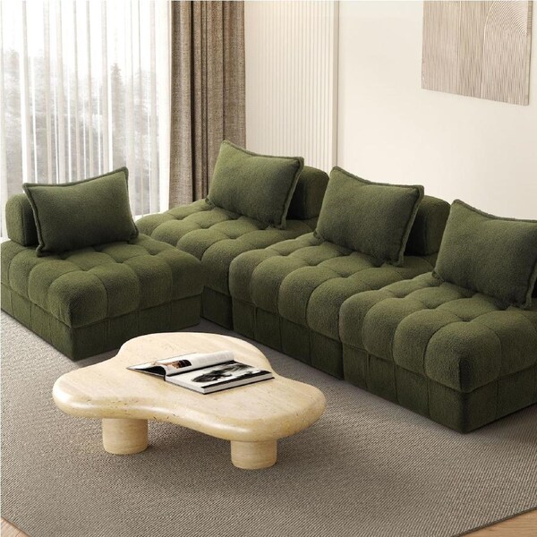 Oikiture 1-6 Seater Boucle/Velvet Modular Sofa & Ottoman Set Armless TOFU Back 4 Sofa Chairs/Green