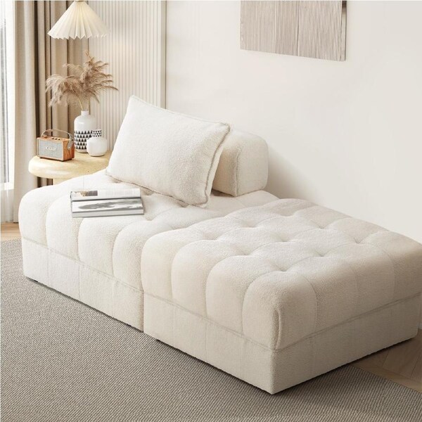 Oikiture 1-6 Seater Boucle/Velvet Modular Sofa & Ottoman Set Armless TOFU Back 1 Sofa Chair + 1 Ottoman/White