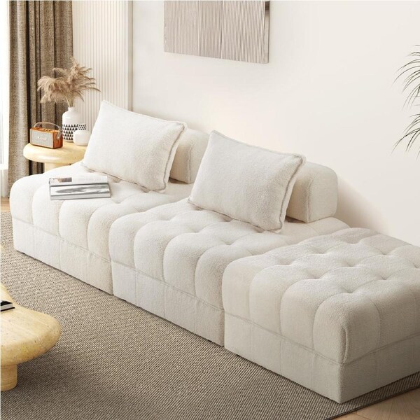 Oikiture 1-6 Seater Boucle/Velvet Modular Sofa & Ottoman Set Armless TOFU Back 2 Sofa Chairs + 1 Ottoman/White