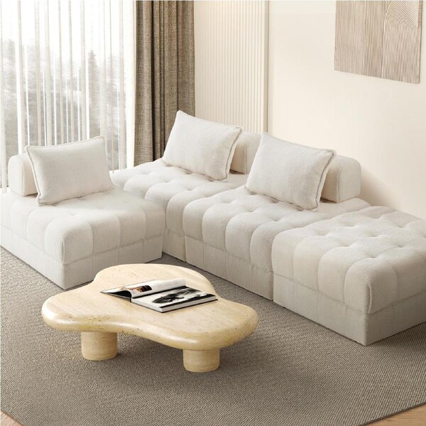 Oikiture 1-6 Seater Boucle/Velvet Modular Sofa & Ottoman Set Armless TOFU Back 3 Sofa Chairs + 1 Ottoman/White