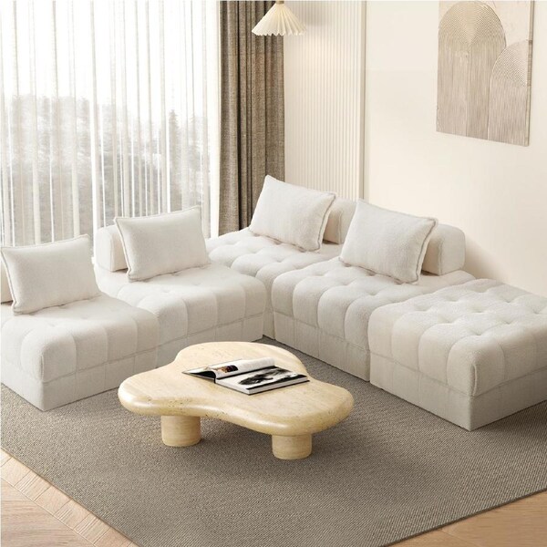 Oikiture 1-6 Seater Boucle/Velvet Modular Sofa & Ottoman Set Armless TOFU Back 4 Sofa Chairs + 1 Ottoman/White