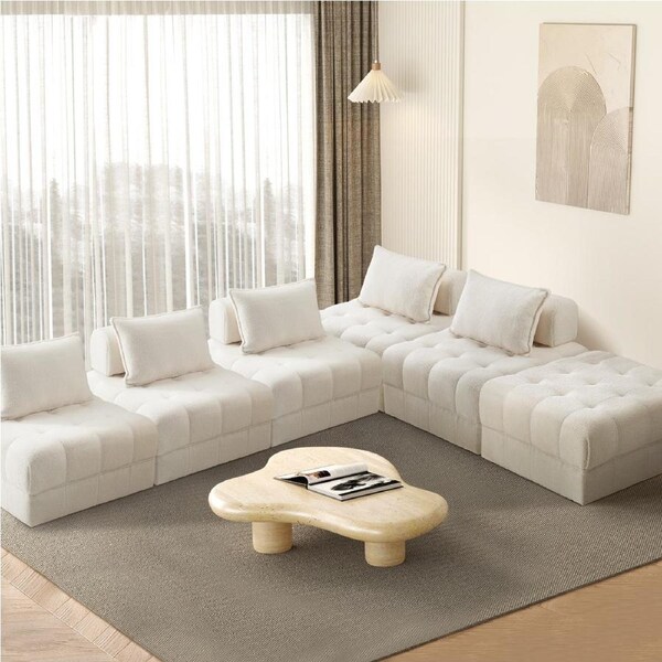 Oikiture 1-6 Seater Boucle/Velvet Modular Sofa & Ottoman Set Armless TOFU Back 5 Sofa Chairs + 1 Ottoman/White