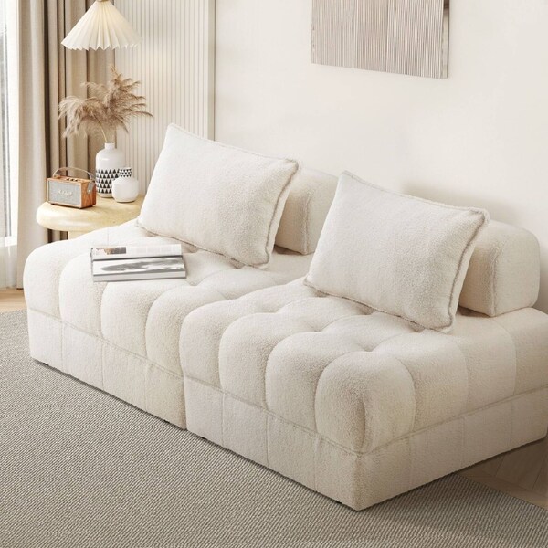 Oikiture 1-6 Seater Boucle/Velvet Modular Sofa & Ottoman Set Armless TOFU Back 2 Sofa Chairs/White
