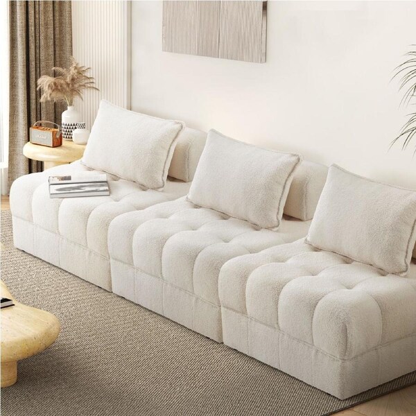 Oikiture 1-6 Seater Boucle/Velvet Modular Sofa & Ottoman Set Armless TOFU Back 3 Sofa Chairs/White