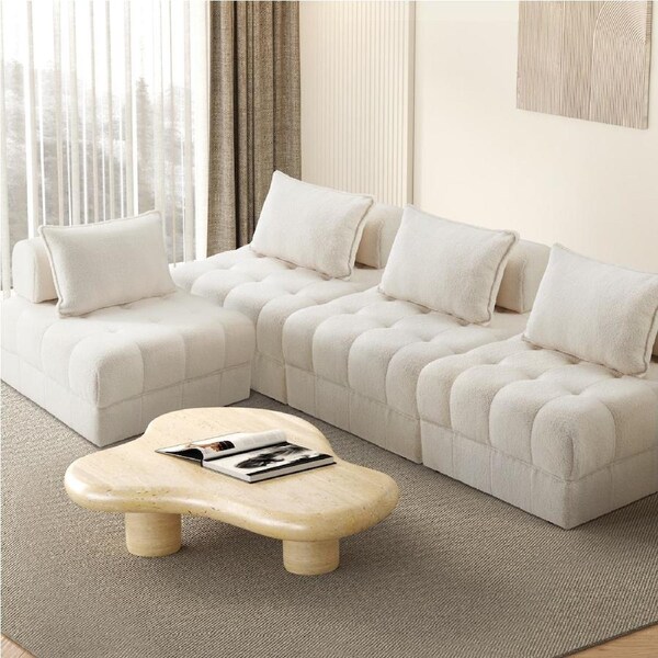Oikiture 1-6 Seater Boucle/Velvet Modular Sofa & Ottoman Set Armless TOFU Back 4 Sofa Chairs/White