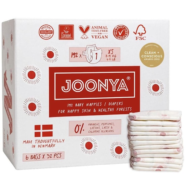 Joonya Nappies - 6 Bag Cartons Size 1 - XS (2-4kg) - 6 Bags of 32 (192)