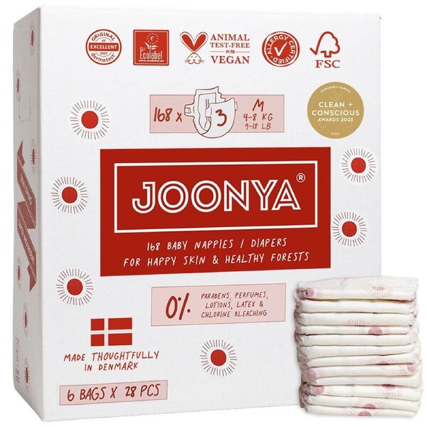 Joonya Nappies - 6 Bag Cartons Size 3 - M (4-8kg) - 6 Bags of 28 (168)